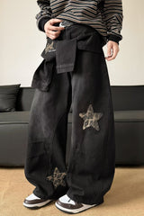 Leopard Print Patchwork Tie Loose Wide Leg Retro Jeans