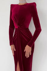 Sultry High Slit Angora Red Velvet Dress