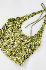 Solid Sequin Halter V Neck Crop Top