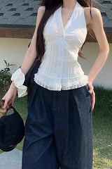 White Lace Trim V Neck Halter Waist Tie Tank Top