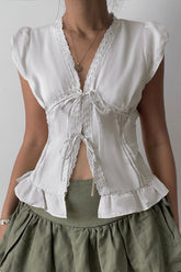 Lace Paneled Ruched Puff Sleeve Tie Blouse