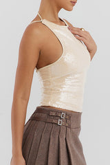 Halter Sequin Back Tie Tank Top