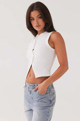 Round Neck Button Detail Ribbed Slim Tank Top