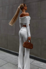 Off Shoulder Long Sleeve Crop Top Pants Set