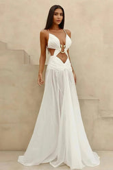 Mesh Hollow Out Boho Dress White / S