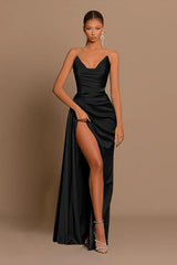 Satin Deep V Corset Slit Formal Dress XS / Black