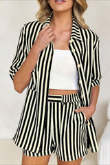 Button Down Striped Short Sleeve Blouse Shorts Set