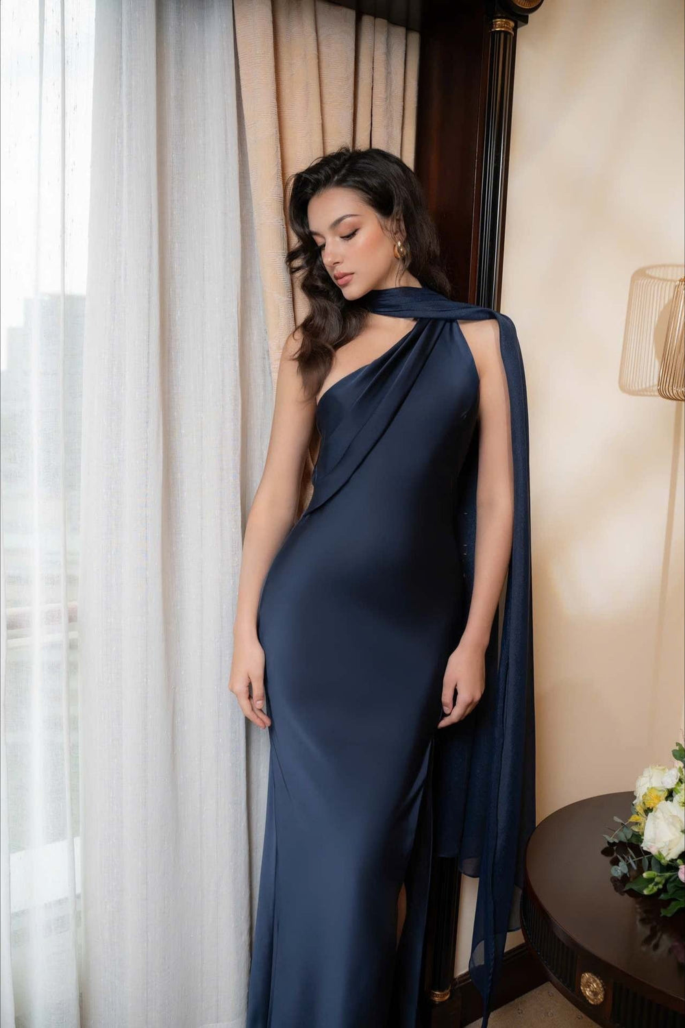 Elegant Satin Slant Neck Sheath Formal Dress