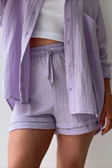 Textured Lapel Long Sleeve Top High Waist Shorts Set