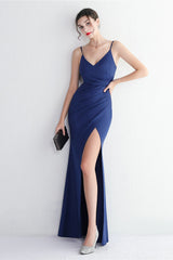 Long Satin Slit Halter Sheath Formal Dress
