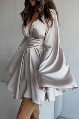 Solid V-neck Bow Snug Long-Sleeve Mini Dress