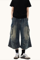 Multi Pocket Ruched Cargo Relaxed Straight Jeans