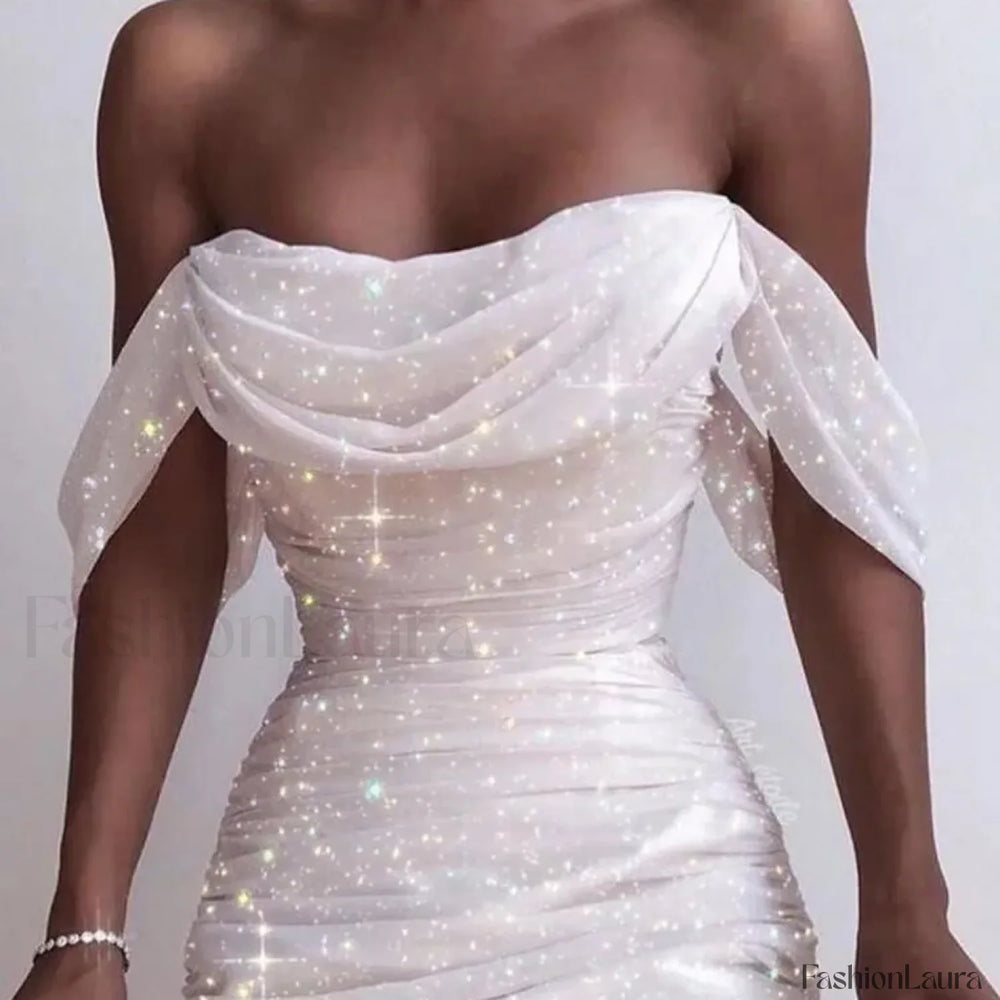 Fall For Women 2024 Sexy Off Shoulder Ruched Glitter Sparkly Sequin Straight Bodycon Slim White Prom Dress White / L