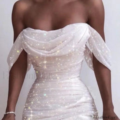 Fall For Women 2024 Sexy Off Shoulder Ruched Glitter Sparkly Sequin Straight Bodycon Slim White Prom Dress White / L
