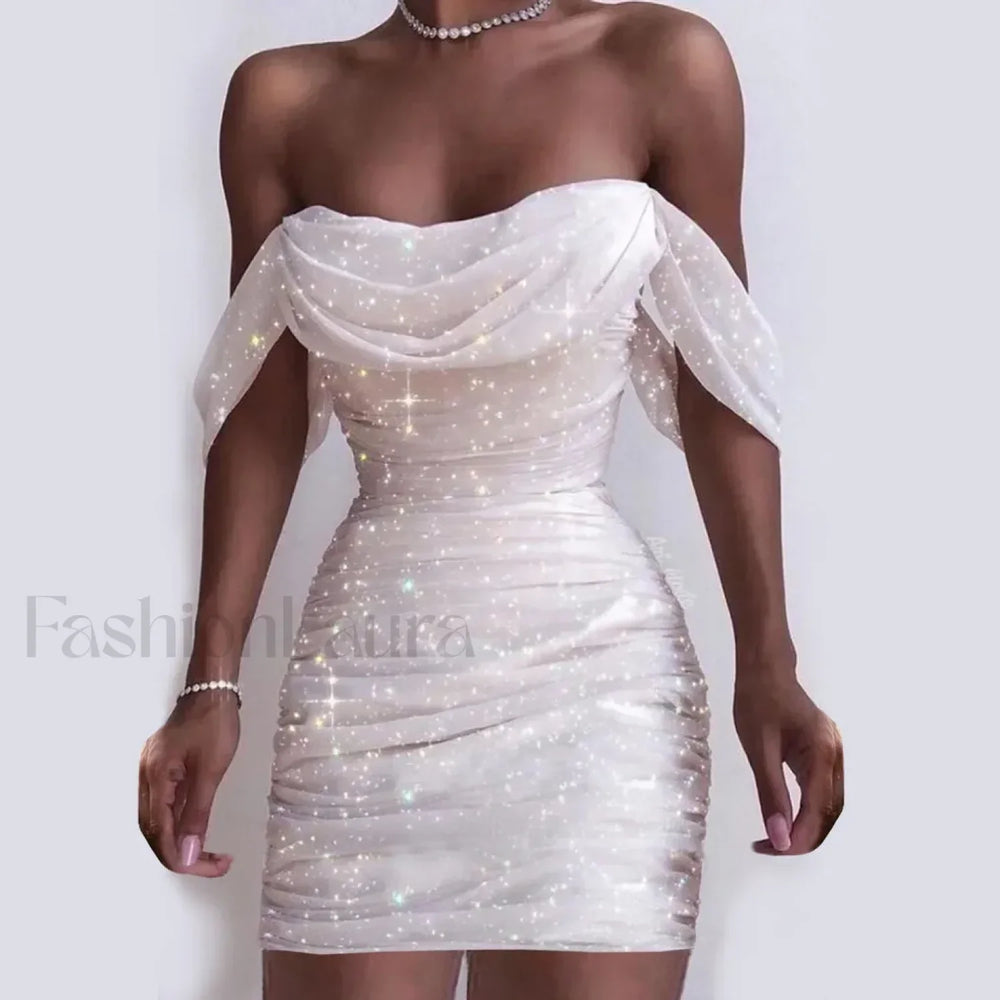 Fall For Women 2024 Sexy Off Shoulder Ruched Glitter Sparkly Sequin Straight Bodycon Slim White Prom Dress White / L