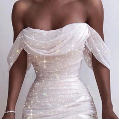 Fall For Women 2024 Sexy Off Shoulder Ruched Glitter Sparkly Sequin Straight Bodycon Slim White Prom Dress White / L