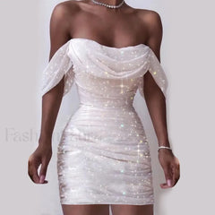 Fall For Women 2024 Sexy Off Shoulder Ruched Glitter Sparkly Sequin Straight Bodycon Slim White Prom Dress White / L