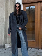 Fashion Dark Grey Stripe Lapel Double Breasted Overcoats