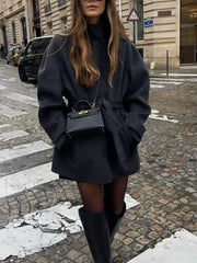 Fashion High Neck With Belt Woolen Overcoats