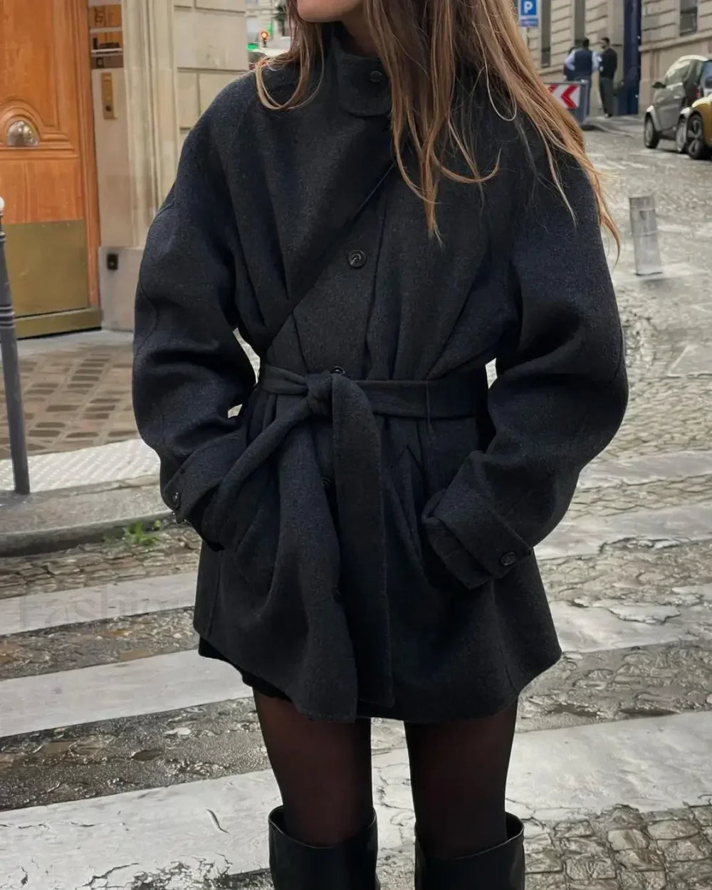 Fashion High Neck With Belt Woolen Overcoats Black / S