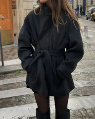 Fashion High Neck With Belt Woolen Overcoats Black / S