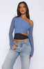 Fashion Sexy Lace Long Sleeve Oblique Neck T Shirt Navy Blue / S