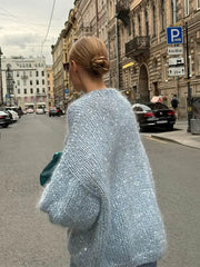 Fashion Shiny Sequins Women Mohair Knitted Cardigan V Neck Long Lantern Sleeve Sweater Sweaters L