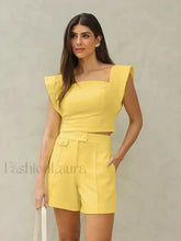 Fashion Square Collar Shorts Two Piece Set Yellow / S