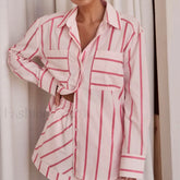 Fashion Striped Buttoned Shirt Shorts Pajamas Two Piece Set Red / S