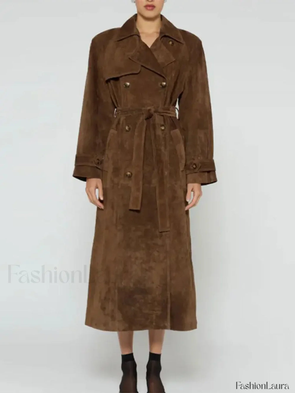 Fashion With Belt Faux Leather Long Overcoats Brown / S