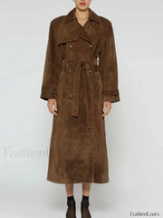 Fashion With Belt Faux Leather Long Overcoats Brown / S