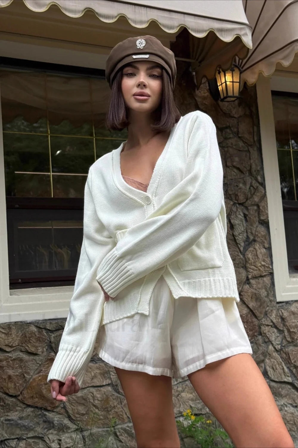 Fashionable Loose Fit V Neck Knit Sweater White / S