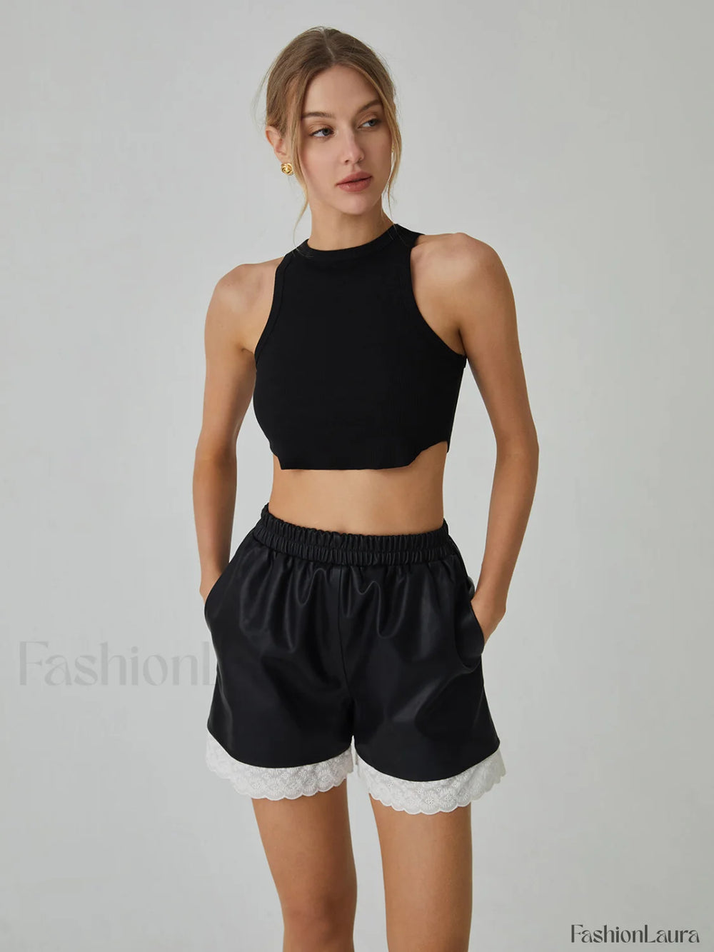 Faux Leather Graceful Lace Patchwork Shorts Shorts