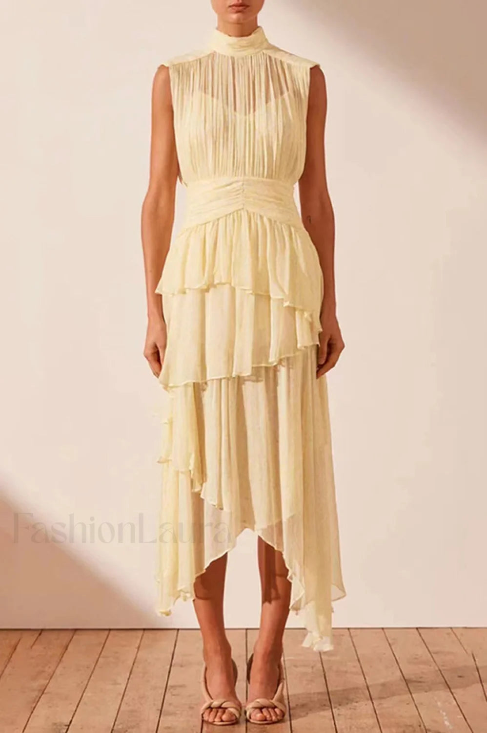 Faye Sleeveless Stylish Ruched Midi Dress S / Gina Print