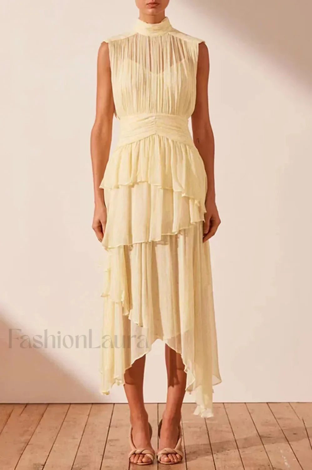 Faye Sleeveless Stylish Ruched Midi Dress S / Gina Print