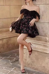 Off Shoulder Mesh Bubble Sleeve Mini Floral Dress