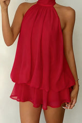 Sexy Backless Halter Tie Waist Slim Fit Ruffled Mini Dress