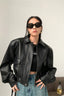Short PU Leather Notch Lapel Jacket S / Black