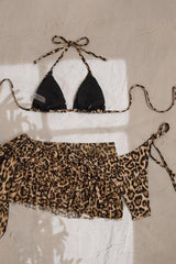 Leopard Print Tie Back Ruffle Bikini Skirt Set