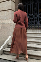 V Neck Double Breasted Knit Blazer Pleated Skirt Set