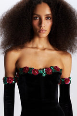 Bustier Sequin Slim Long Glove Set Velvet Dress