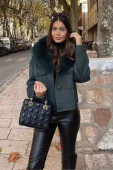 Green Detachable Fur Collar Wool Jacket