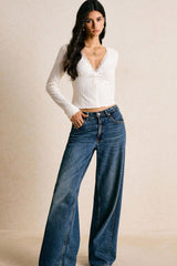 Slim Fit Long Sleeve Lace V Neck Blouse