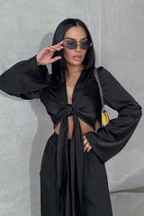 Tie Front Crop Top Split Hem Pants Set