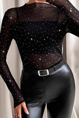Mesh Rhinestone Mandarin Collar T-shirt
