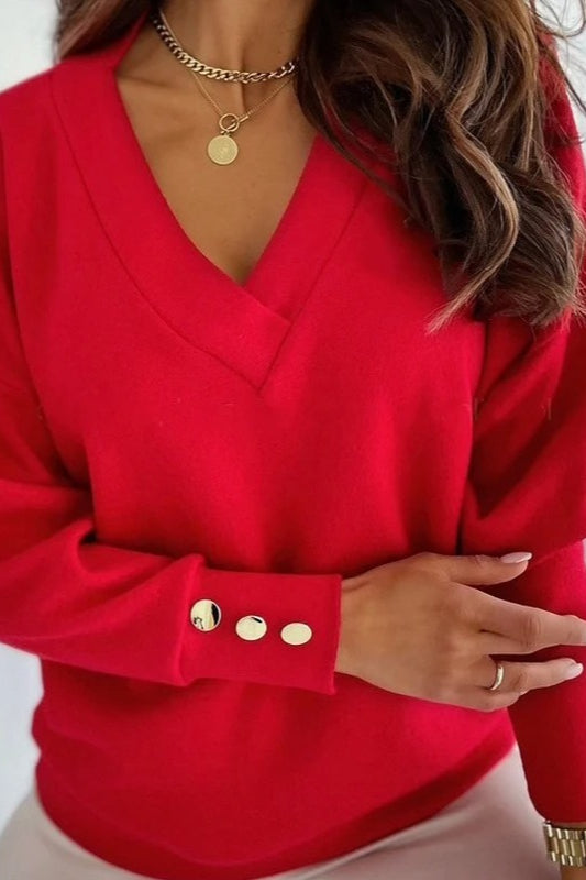 V Neck Button Knit Pullover Sweater