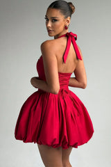 Elegant Halter Tie Bow Puffy Hem Mini Dress