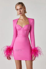 Feather Long Stylish Sleeve Bustier Dress S / Hot Pink