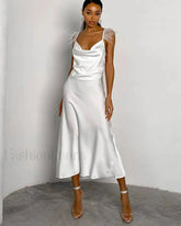 Feather Satin Strap Midi Dress WHITE / S
