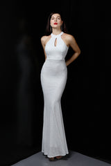 Plunging Neck Mermaid Formal Dress S / White